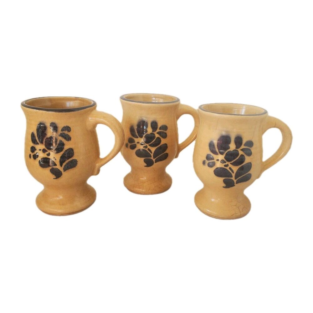 Vintage Pfaltzgraff Folk Art 10 Oz Footed Grandmug Set Of 3 Beige Blue USA